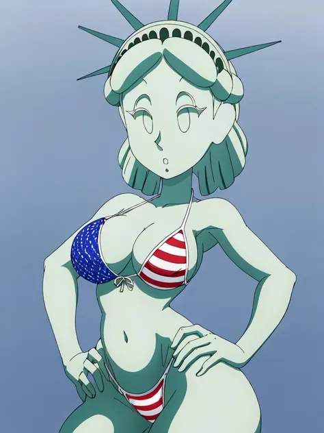 1girl, freedom, solo, green skin, bikini, american flag print, <lora:freedom-05:1>, :o, simple background, upper body, wide hips, hands on hips, shiny skin