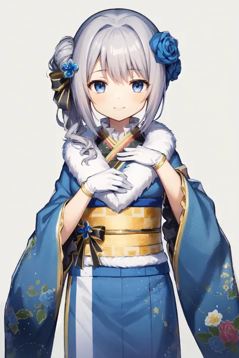 <lora:MitamaV7:1>newyearsmitama, 1girl, solo, hair ornament, blue eyes, blue kimono, hair flower, white background, grey hair, obi, white gloves, smile, simple background, print kimono, wide sleeves, furisode, closed mouth, frilled kimono, bangs, looking at viewer, long sleeves, blue rose, sidelocks, side ponytail, standing, fur trim, obijime, zouri, hand on own chest, long hair, fur collar