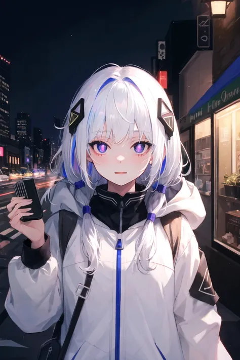 ((masterpiece)), (((best quality))), ((extremely detailed)), colorful, hdr, 1girl, solo, <lora:c_kafu:0.8>, kafuperson, white hair, purple eye, ((upper body)),
cityscape, night, neon light