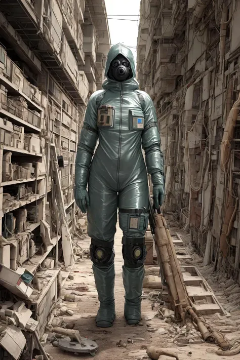 person in biological protection suit exploring a dystopian wasteland, intricate, clutter, detailed