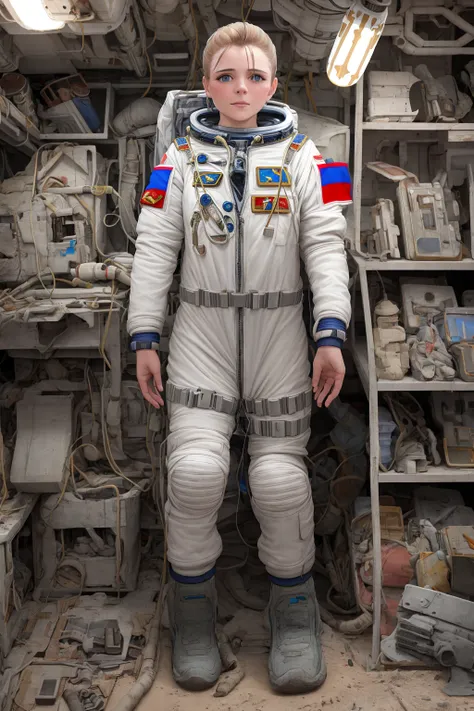 Russian cosmonaut exploring a dystopian wasteland, intricate, clutter, detailed