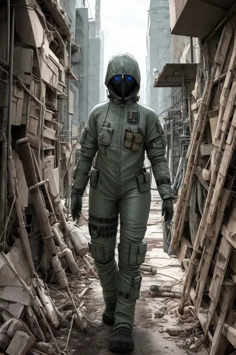 person in biological protection suit exploring a dystopian wasteland, intricate, clutter, detailed