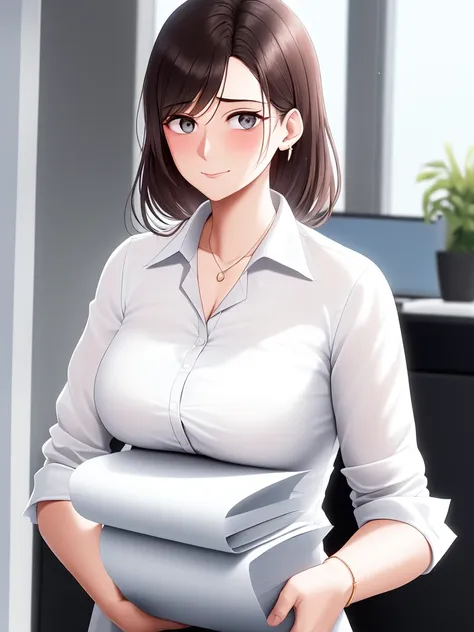 40 yo corporate woman in a white blouse holding a stack of paper, sweaty, tired, hot, hot day, godrays