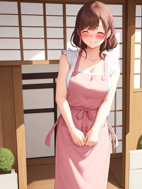 pov 40 yo woman in an apron welcoming you home, outside of a house, japan, terrace, ((blushing)), smiling, upper body, eyes closed, brown hair,