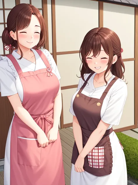 pov 40 yo woman in an apron welcoming you home, outside of a house, japan, terrace, ((blushing)), smiling, upper body, eyes closed, brown hair,