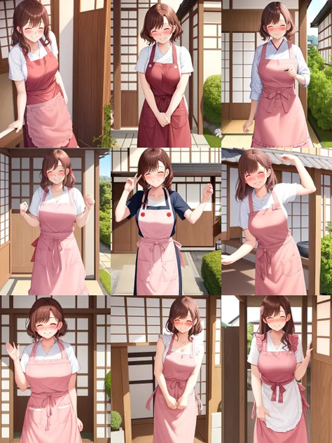 pov 40 yo woman in an apron welcoming you home, outside of a house, japan, terrace, ((blushing)), smiling, upper body, eyes closed, brown hair,