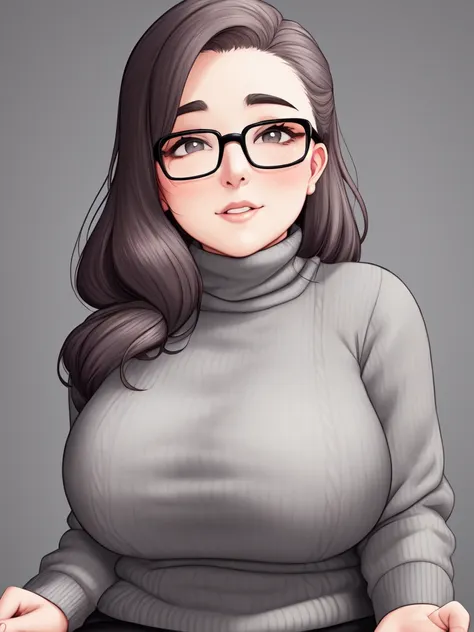 overweight old-fashioned young woman in a grey turtleneck, glasses, close-up, solo, masterpiece, beautiful