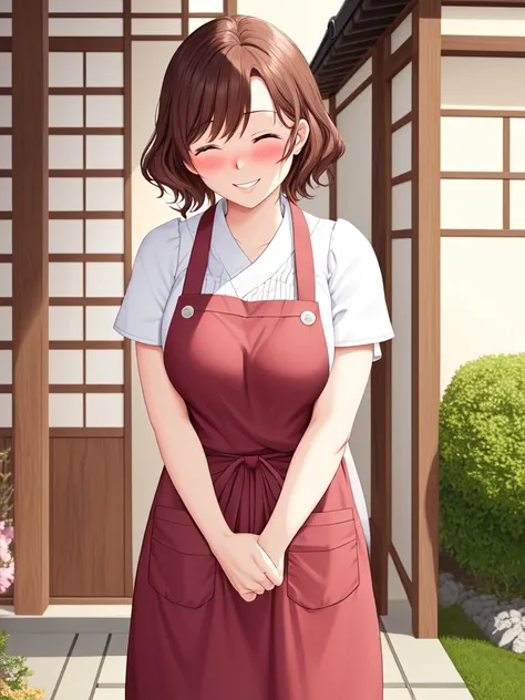 pov 40 yo woman in an apron welcoming you home, outside of a house, japan, terrace, ((blushing)), smiling, upper body, eyes closed, brown hair,