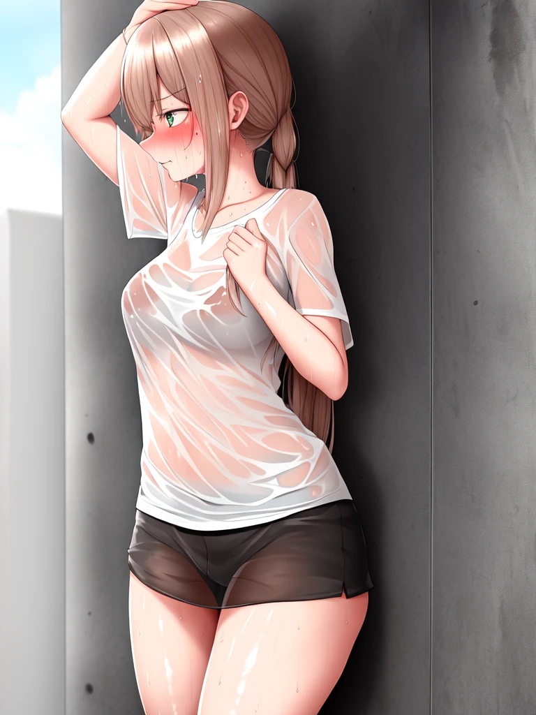 wet, sweaty, sexy, see-through clothes, embarrassed, looking away