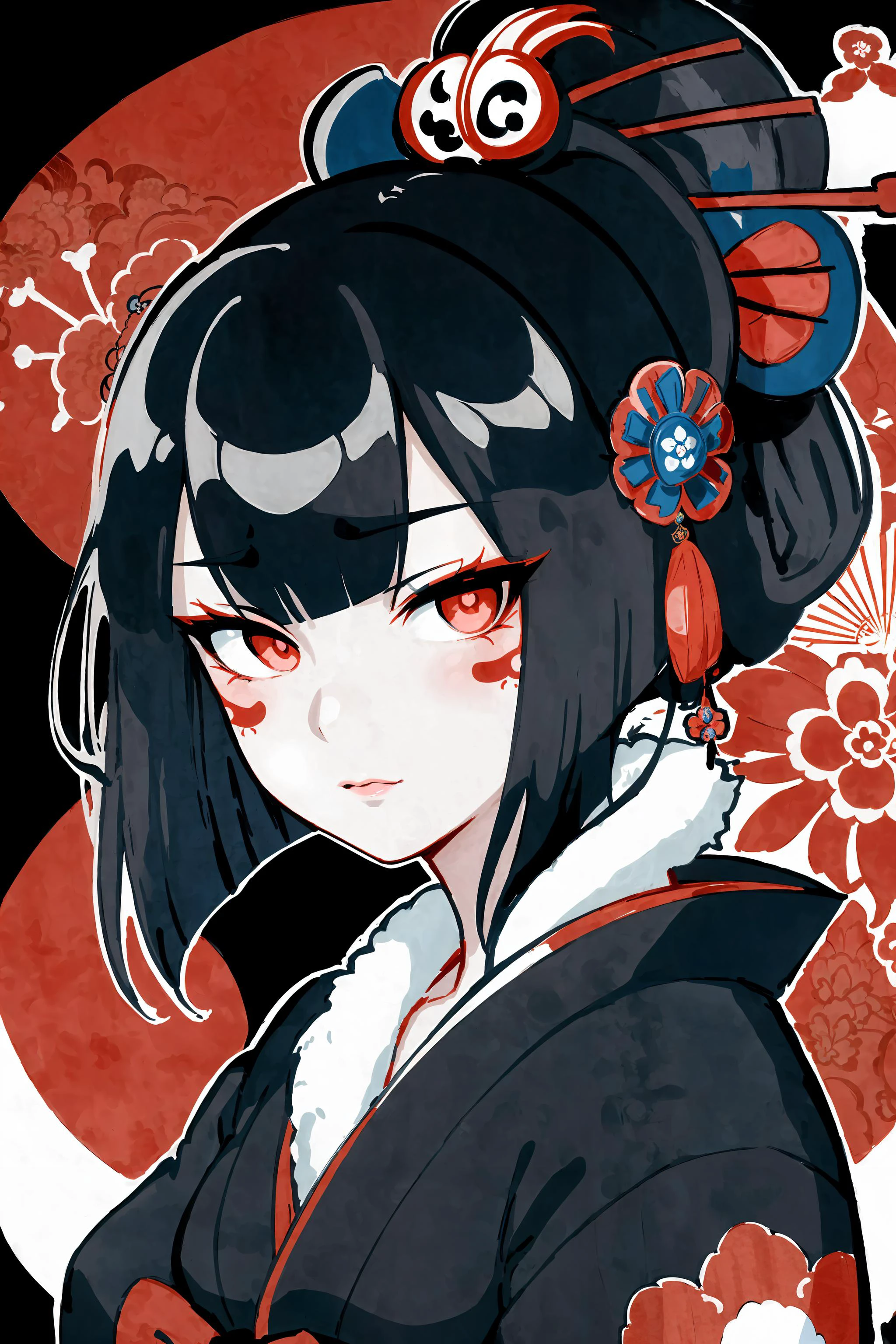 Beautiful japanese princess wearing a austere kimono, japanese edo period, geisha makeup, detailed face and eyes, (art by Utagawa Kuniyoshi:1.2)