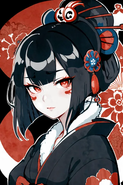 Beautiful japanese princess wearing a austere kimono, japanese edo period, geisha makeup, detailed face and eyes, (art by Utagawa Kuniyoshi:1.2)