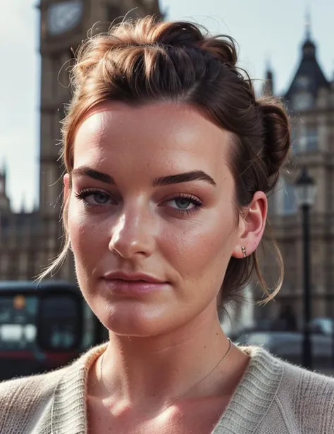 <s0ph1> a woman, closeup portrait, perfect hair upsweep updo, posing, (vintage photo, Bell Sleeve Sweater, Utility Capris), (instagram frame), 24mm, (tintype), (analog, film, film grain:1.3), ((in London, daylight, gritty)), ((detailed eyes)), (seductive pose), (epicPhoto)