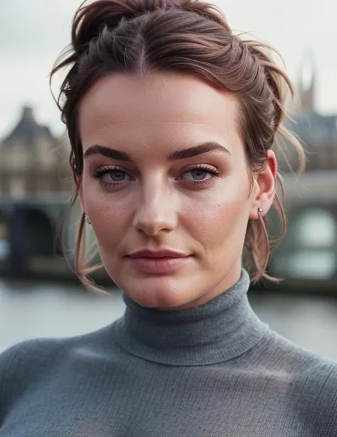 <s0ph1> woman, closeup portrait, perfect hair upsweep updo, posing, (vintage photo, Turtleneck, Midi Skirt), (instagram frame), 24mm, (tintype), (analog, film, film grain:1.3), ((in London, daylight, gritty)), ((detailed eyes)), (seductive pose), (epicPhoto)