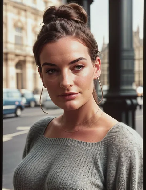 <s0ph1> a woman, closeup portrait, perfect hair upsweep updo, posing, (vintage photo, Bell Sleeve Sweater, Utility Capris), (instagram frame), 24mm, (tintype), (analog, film, film grain:1.3), ((in London, daylight, gritty)), ((detailed eyes)), (seductive pose), (epicPhoto)