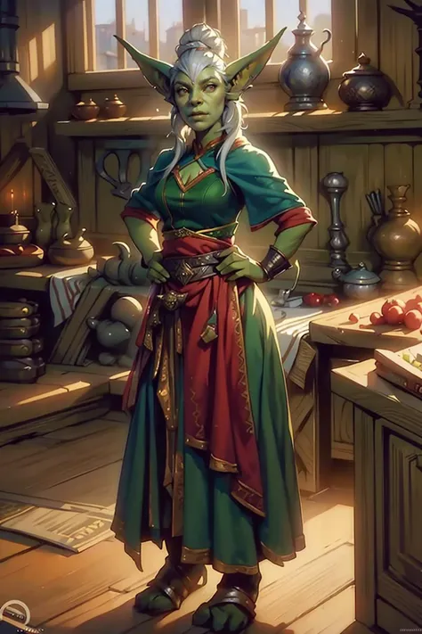 1girl, shewowgob, green ski, athletic, shortstack. stood with hands on hips, (pointy ears:1.2), Dressed in red Kingham dress, in a kitchen, volumetric lighting, ((masterpiece, best quality)), art by greg rutkowski, art by artgerm <lora:dragonborn_offset:1> <lora:sxz-goblins-v2:0.8><lyco:GoodHands-beta2:1.0>