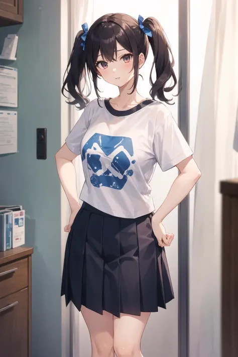 1girl, casual clothes, t-shirt, pleated skirt, twintails, long hair, short sleeves, hands on own hips, standing, indoors, room