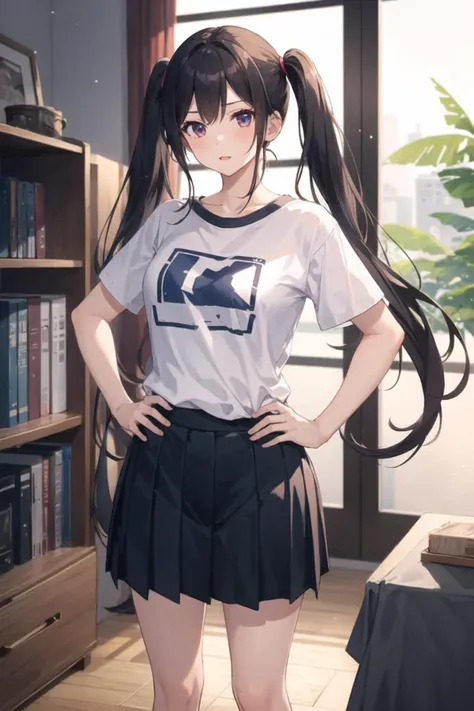 1girl, casual clothes, t-shirt, pleated skirt, twintails, long hair, short sleeves, hands on own hips, standing, indoors, room