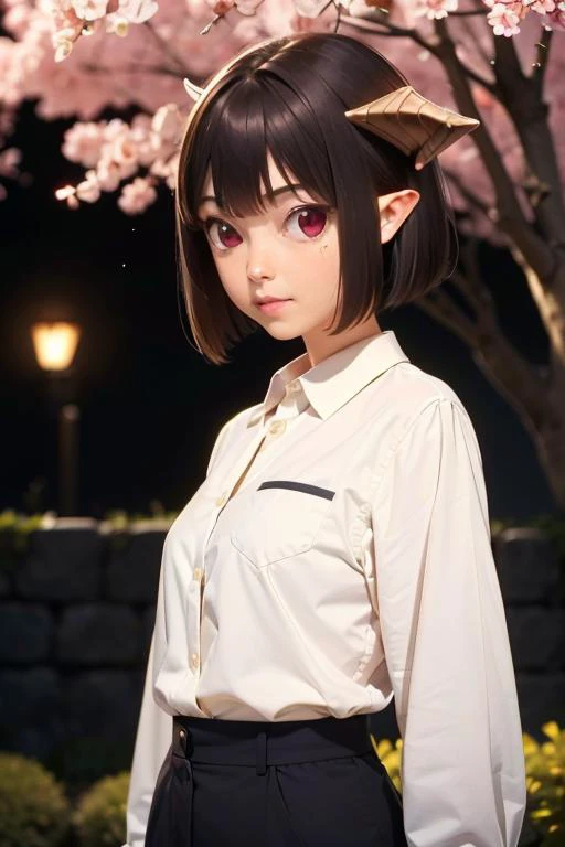 (masterpiece, best quality:1.2), highres, best illustration, 8k wallpaper, (Traditional Media), (2d:1.2), wide shot, (dynamic angle:1.1), , outline, ((thick lineart)), cover, stylish, official art, (details:1.2), (fantasy), garden, (bloom:1.1), glow:0.2, shadow, nature, cherry blossoms, particles, (depth of field), sharp focus, (volumetric lighting), (bokeh:0.6), film grain:0.4, day, (soft lighting:1.1), gummn, demon girl, demon horns, red eyes, black hair, short hair, pointy ears, white shirt, collared shirt, looking at viewer <lora:Himesama_Goumon_00_01:1.0>