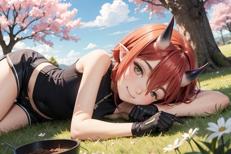 (masterpiece, best quality:1.2), highres, best illustration, 8k wallpaper, (Traditional Media), (2d:1.2), wide shot, (dynamic angle:1.1), , outline, ((thick lineart)), cover, stylish, official art, (details:1.2), (fantasy), garden, (bloom:1.1), glow:0.2, shadow, nature, cherry blossoms, particles, (depth of field), sharp focus, (volumetric lighting), (bokeh:0.6), film grain:0.4, day, (soft lighting:1.1), youukki, smile, short hair, red hair, oni horns, brown eyes, hair between eyes, pointy ears, skin-covered horns, looking at viewer, gloves, black gloves, midriff, sleeveless, fang, bare shoulders, shorts, sleeping, lying in the grass, under a tree, sakura <lora:Himesama_Goumon_Youukki_00_01:0.5>