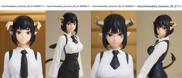 (masterpiece), (best quality), (detailed background, best lighting), ultra-detailed, highly detailed, gummn, black hair, (tail), bangs, short hair, pointy ears, horns, red eyes, shirt, white shirt, collared shirt, looking at viewer, long sleeves, necktie, black necktie, breasts,
<lora:Himesama_Goumon_00_01-000001:1>