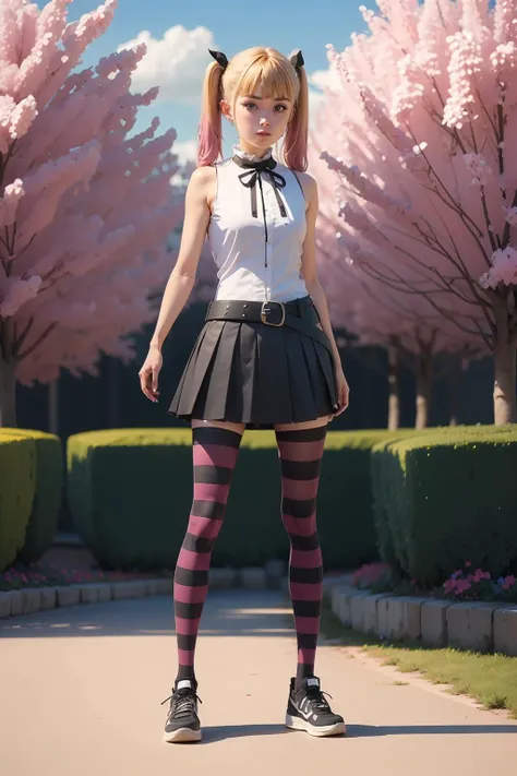 (masterpiece, best quality:1.2), highres, best illustration, 8k wallpaper, (Traditional Media), (2d:1.2), wide shot, (dynamic angle:1.1), , outline, ((thick lineart)), cover, stylish, official art, (details:1.2), (fantasy), garden, (bloom:1.1), glow:0.2, shadow, nature, cherry blossoms, particles, (depth of field), sharp focus, (volumetric lighting), (bokeh:0.6), film grain:0.4, day, (soft lighting:1.1), vvnlla, blonde hair, multicolored hair, twintails, pointy ears, ribbon, black ribbon, neck ribbon, shirt, sleeveless, sleeveless shirt, pink hair, red eyes, looking at viewer, bow, bare shoulders, pantyhose, wings, shoes, sleeveless, pointy ears, striped, striped pantyhose, belt, black belt, miniskirt, blunt bangs, black skirt, black footwear, flat chest, <lora:Himesama_Goumon_Vanilla_00_01:1.0>
