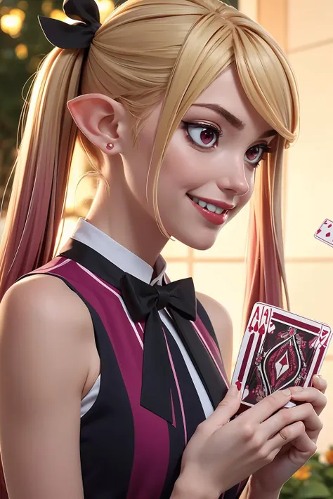 Anime girl with blonde hair holding a deck of cards and a smile - SeaArt AI