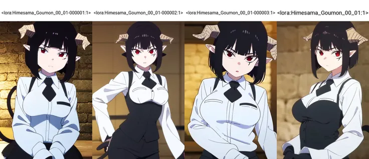 (masterpiece), (best quality), (detailed background, best lighting), ultra-detailed, highly detailed, gummn, black hair, (tail), bangs, short hair, pointy ears, horns, red eyes, shirt, white shirt, collared shirt, looking at viewer, long sleeves, necktie, black necktie, breasts,
<lora:Himesama_Goumon_00_01-000001:1>