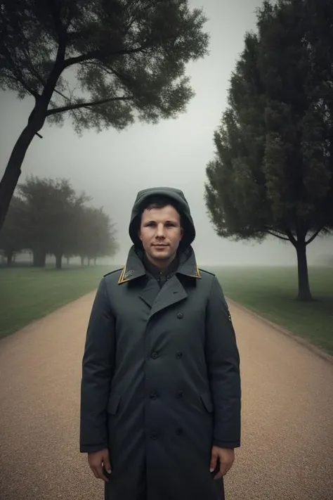 art by Todd Hido, doll of a Gorgeous short gagarinya smile, wearing Fire Puffer coat, background is The Tree of Life, Thunderstorm, equirectangular 360, Slimepunk, Depth of field 270mm, Mono Color, <lora:gagarinya:0.7>