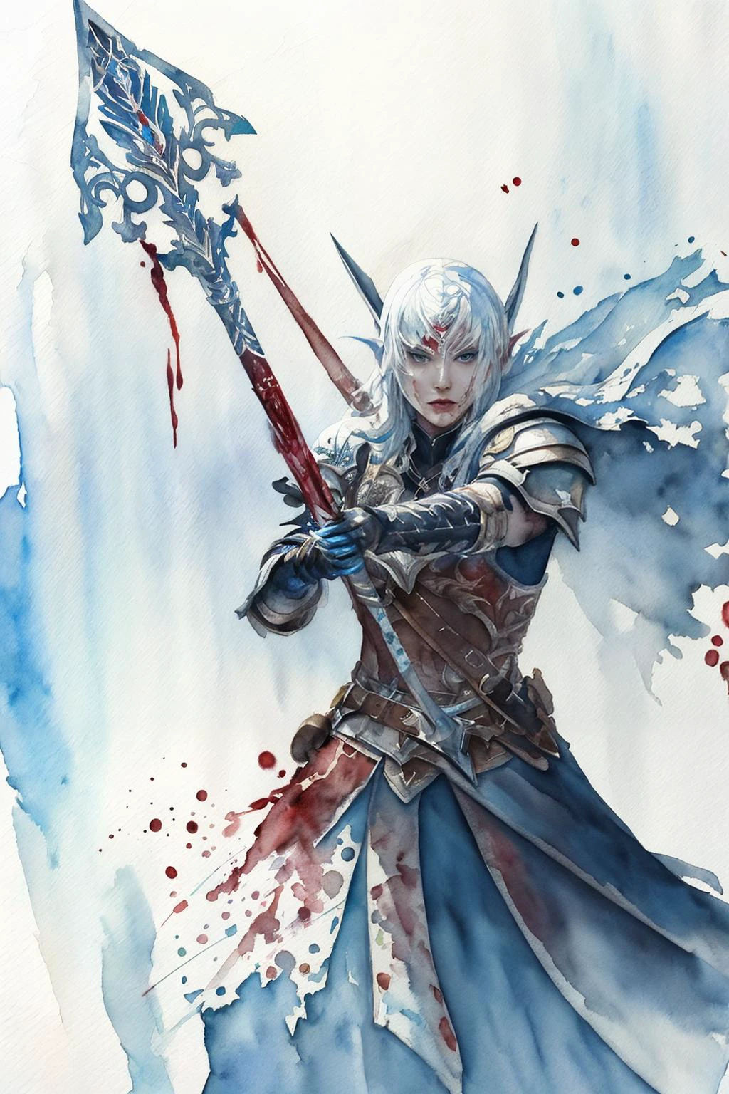lineage 2, 1girl, (Dark Elf:1.5), (weapon), (chrome), armor, shield, metal, (fighting), (attack), (blood splash:1.5), white background, (Watercolor painting:1.7), (ink lineart:1.2), (blood splash:1.2), (gothic), (dramatic light), (high quality), (high contrast:1.5), (runes symbolic), (magician), (warrior) (war), high detailer, (sketch style), (fast moving), (Watercolor painting style:1.8), concept design, sword, dagger, spear, Archer, axe, staff, flag,