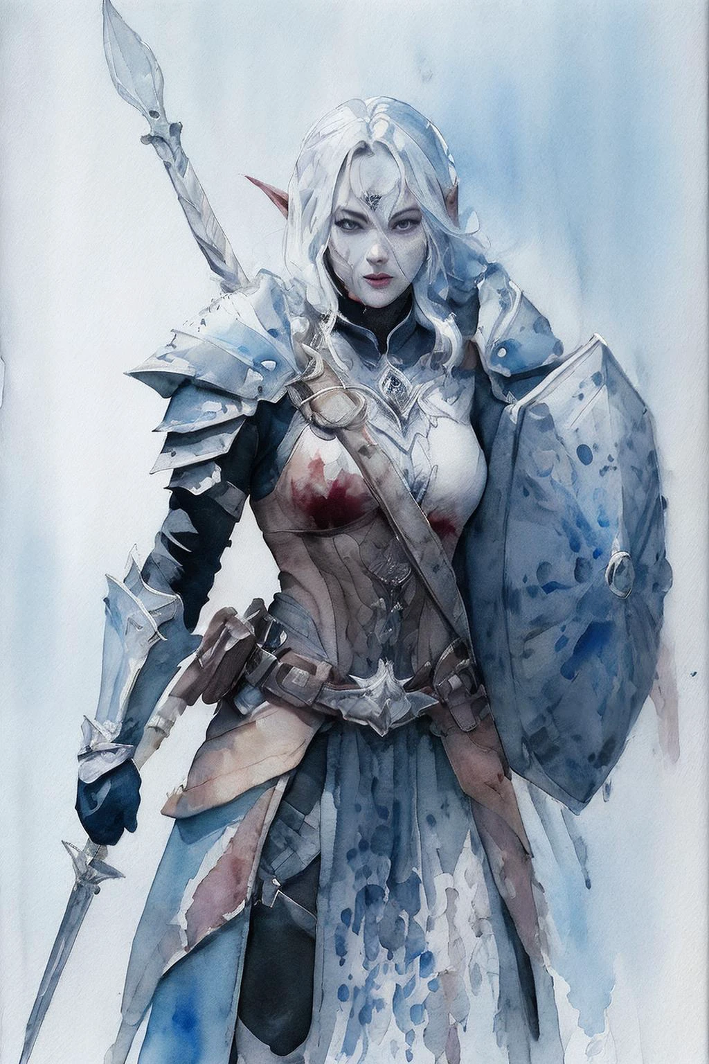 lineage 2, 1girl, (Dark Elf:1.5), (weapon), (chrome), armor, shield, metal, (fighting), (attack), (blood splash:1.5), white background, (Watercolor painting:1.8), (ink lineart:1.2), (blood splash:1.2), (gothic), (dramatic light), (high quality), (high contrast:1.5), (runes symbolic), (magician), (warrior) (war), high detailer, (sketch style), (fast moving), (Watercolor painting style:1.8), concept design, sword, dagger, spear, Archer, arrow, staff, flag,