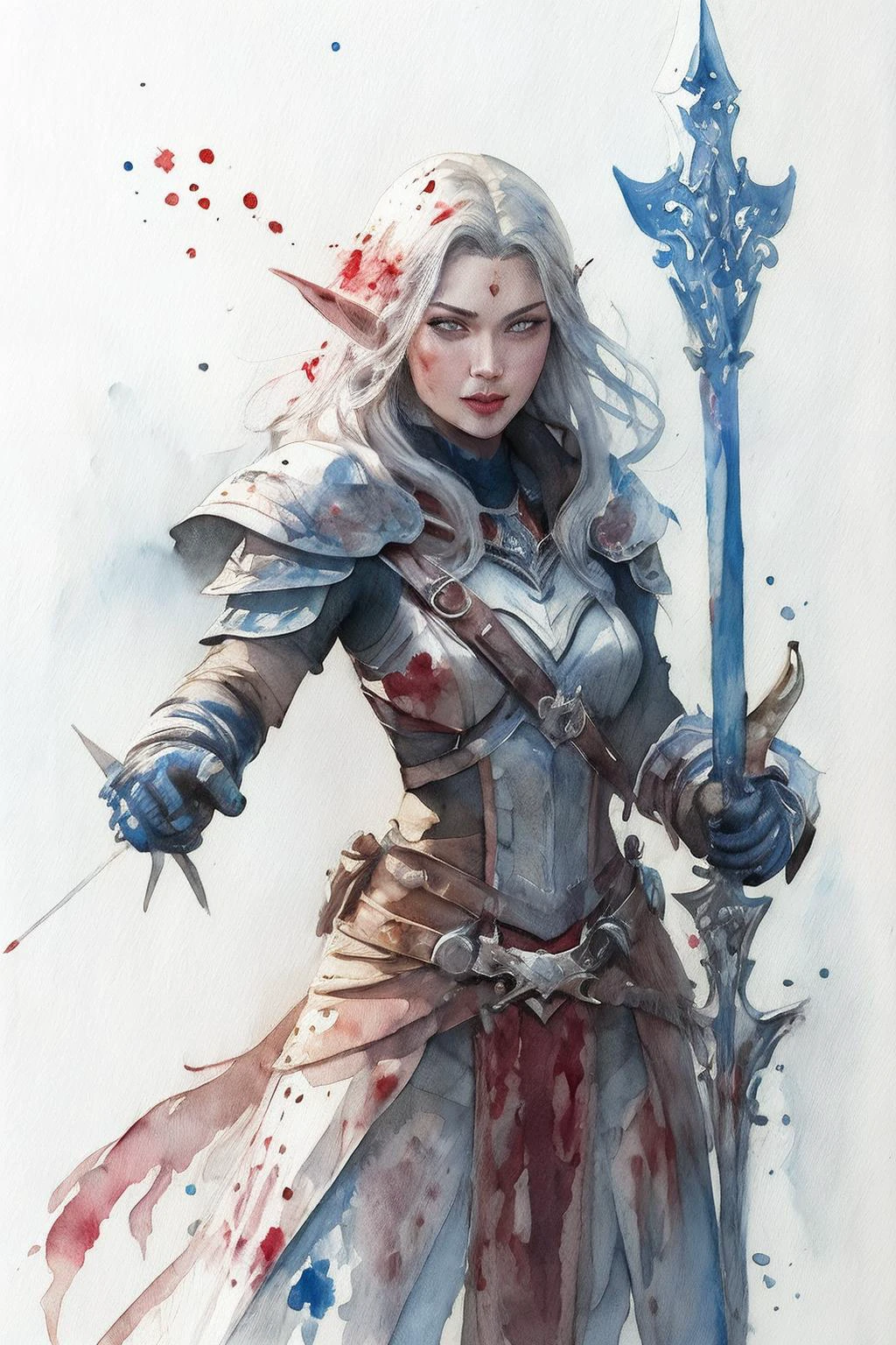lineage 2, 1girl, (Dark Elf:1.5), (weapon), (chrome), armor, shield, metal, (fighting), (attack), (blood splash:1.5), white background, (Watercolor painting:1.7), (ink lineart:1.2), (blood splash:1.2), (gothic), (dramatic light), (high quality), (high contrast:1.5), (runes symbolic), (magician), (warrior) (war), high detailer, (sketch style), (fast moving), (Watercolor painting style:1.8), concept design, sword, dagger, spear, Archer, axe, staff, flag,