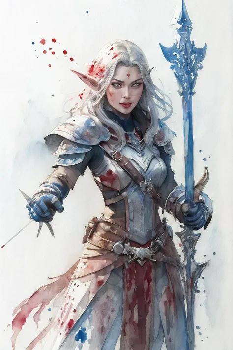 lineage 2, 1girl,  (Dark Elf:1.5),  (weapon), (chrome), armor, shield, metal, (fighting), (attack), (blood splash:1.5), white background, (Watercolor painting:1.7), (ink lineart:1.2), (blood splash:1.2), (gothic), (dramatic light), (high quality), (high contrast:1.5), (runes symbolic), (magician), (warrior) (war), high detailer, (sketch style), (fast moving), (Watercolor painting style:1.8), concept design, sword, dagger, spear, Archer, axe, staff, flag,