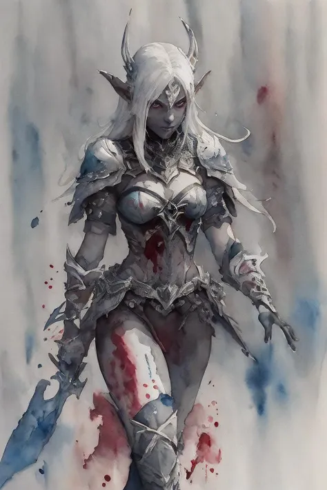 lineage 2, 1girl, (Dark Elf:1.5), (weapon), (chrome), metal, (fighting), (blood splash:1.5), white background, (Watercolor painting:1.6), (ink lineart:1.2), (blood splash:1.2), (gothic), (dramatic light), (high quality), (high contrast:1.5), (runes symbolic), (magic), (war), high detailer, (sketch style), (fast moving), (Watercolor painting style:1.6), concept design