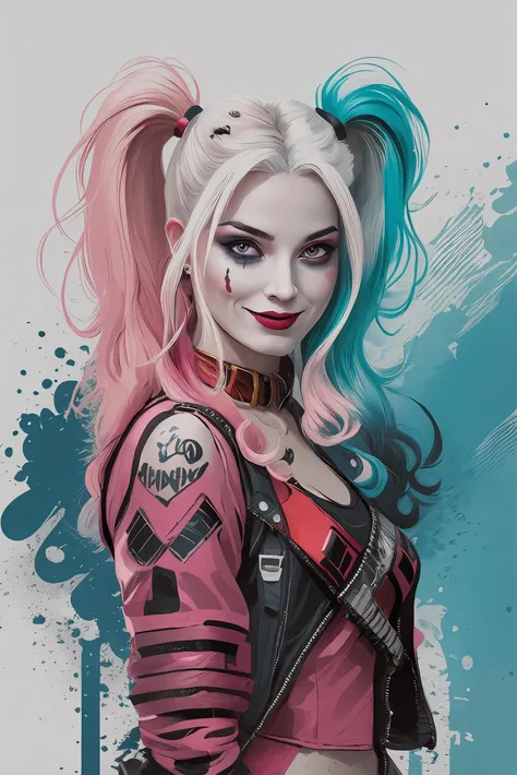 Harley Quinn, 1girl, smile, (evil:1.5) twintails, (blue+pink hair:1.3), (blue+pink+white color:1.3), (white background:1.2), (vector art:1.5), (punk style:1.5), (lineart:1.5), high quality, high detailed, cinematic light, dramatic light <lora:Harley:0.77>,