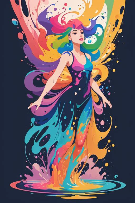 (masterpiece, award winning, best quality:1.5), (flat color:1.5),(colorful:1.5), (rainbow color:1.5),looking at viewer,1girl,((solo)),(floating in colorful water:1.5), (2D:1.55),( paint splashes:1.5), (perfect lighting:1.5), (perfect shading:1.5), (realistic:1.2), (mature adult:1.5), (dynamic pose), (detailed, intricate), (beautiful:1.5), (gorgeous stunning:1.5), (cinematic:1.5), epic, volumetric lighting, (fluid simulation:1.5), <lora:add_detail:-0.7>, (in vector art style:1.5), <lora:ColorfulIllustration + 1(FairyTaleAI - feelyou_alpha2):0.5>, in David Hockney style