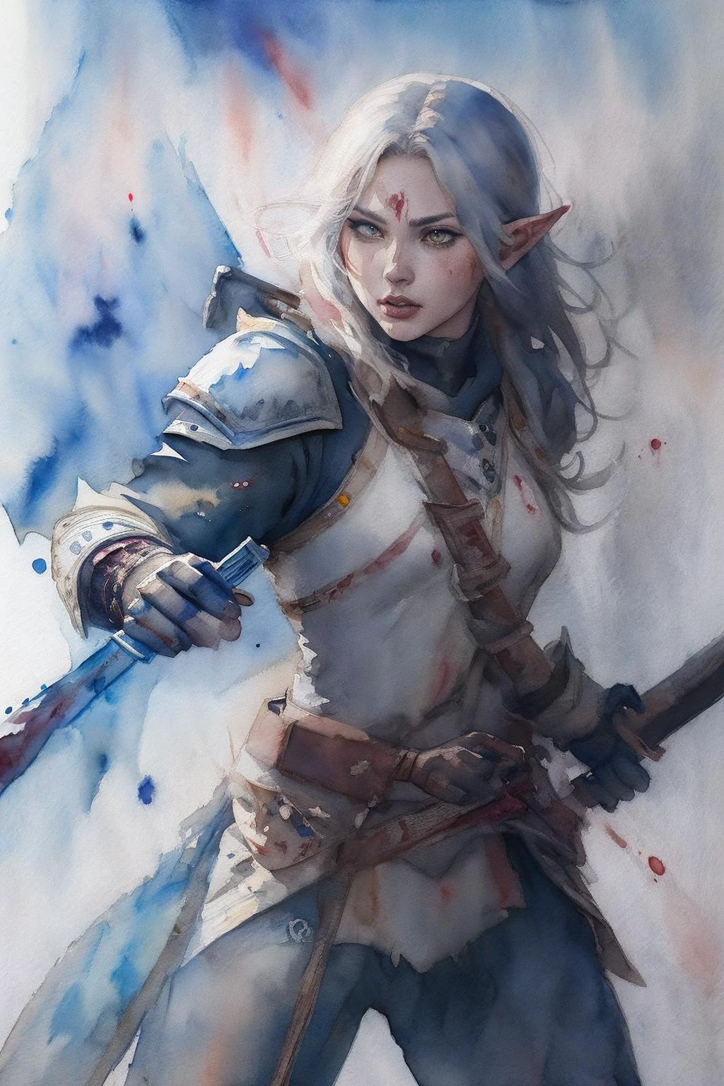 lineage 2, 1girl, (Dark Elf:1.5), (weapon), (chrome), armor, shield, metal, (fighting), (attack), (blood splash:1.5), white background, (Watercolor painting:1.7), (ink lineart:1.2), (blood splash:1.2), (gothic), (dramatic light), (high quality), (high contrast:1.5), (runes symbolic), (magic), (war), high detailer, (sketch style), (fast moving), (Watercolor painting style:1.7), concept design, sword, dagger, spear, Archer, axe, staff, flag,
