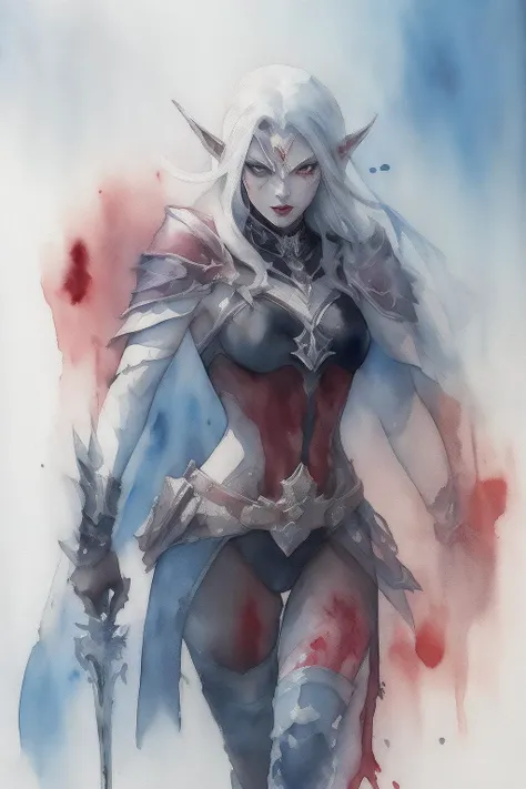 lineage 2, 1girl, (Dark Elf:1.5), (attack), (weapon), (chrome), metal, (fighting), (blood splash:1.5), white background, (Watercolor painting:1.6), (ink lineart:1.2), (blood splash:1.2), (gothic), (dramatic light), (high quality), (high contrast:1.5), (runes symbolic), (magic), (war), high detailer, (sketch style), (fast moving), (Watercolor painting style:1.6), concept design