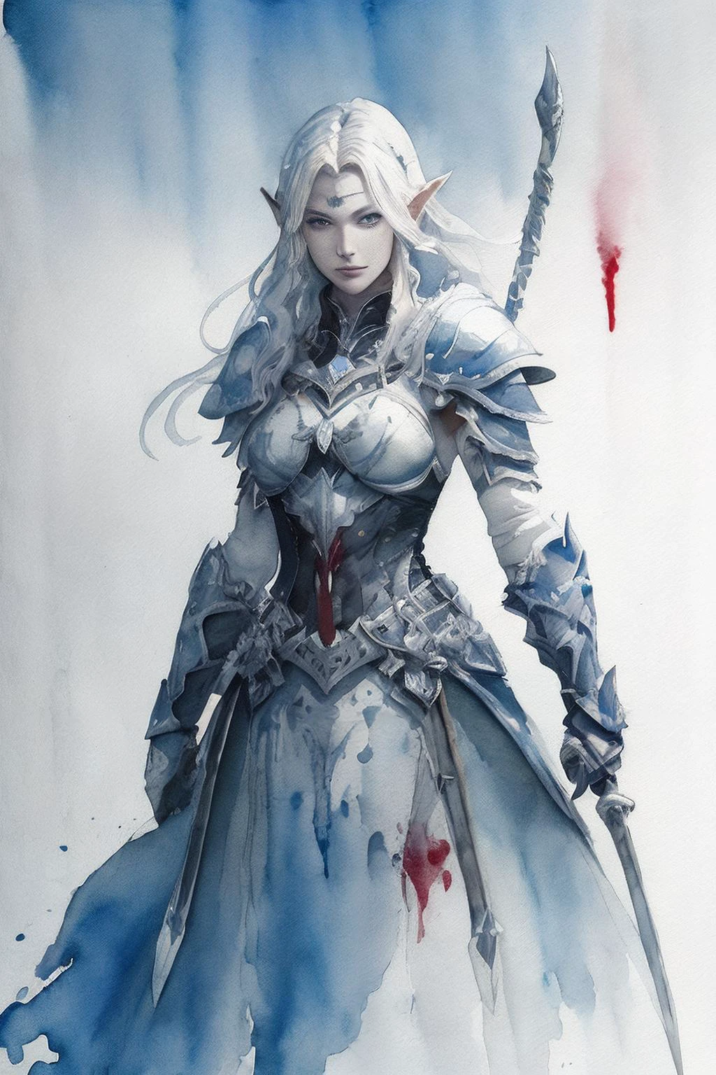 lineage 2, 1girl, (Dark Elf:1.5), (weapon), (chrome), armor, shield, metal, (fighting), (attack), (blood splash:1.5), white background, (Watercolor painting:1.7), (ink lineart:1.2), (blood splash:1.2), (gothic), (dramatic light), (high quality), (high contrast:1.5), (runes symbolic), (magician), (warrior) (war), high detailer, (sketch style), (fast moving), (Watercolor painting style:1.8), concept design, sword, dagger, spear, Archer, axe, staff, flag,