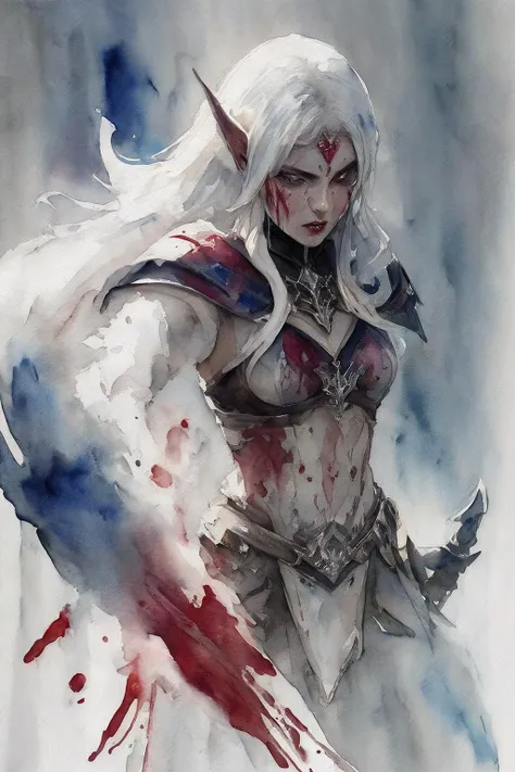 lineage 2, 1girl, (Dark Elf:1.5), (weapon), (chrome), metal, (fighting), (blood splash:1.5), white background, (Watercolor painting:1.6), (ink lineart:1.2), (blood splash:1.2), (gothic), (dramatic light), (high quality), (high contrast:1.5), (runes symbolic), (magic), (war), high detailer, (sketch style), (fast moving), (Watercolor painting style:1.6), concept design
