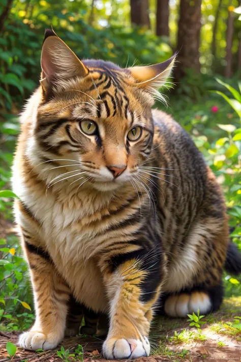 a cat sitting on the ground in the woods looking at the camera with a serious look on its face, Carlos Catasse, animal photography, a digital rendering, rayonism