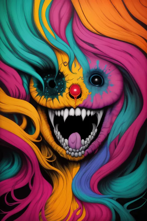 Alex Pardee's universe brought to life, Brightmares, Brightmare, Alex Pardee, bright colors, neon colors, contrast and clarity, eye popping, photographic quality, high detail
