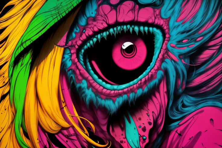 Alex Pardee's universe brought to life, Brightmares, Brightmare, Alex Pardee, bright colors, neon colors, contrast and clarity, eye popping, photographic quality, high detail