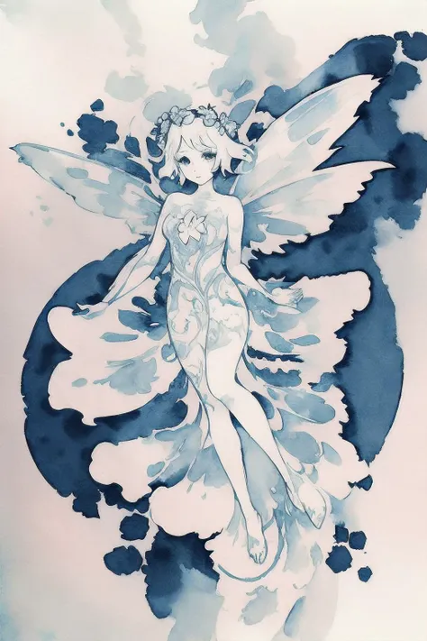 a slim delicate faerie flying over a large flower. wearing a demure flower dress. from above. art nouveau. <lora:GoodHands-vanilla:1.4> (in water color style:1.5), (ink lineart:1.9)