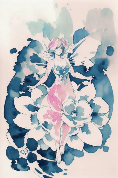 a slim delicate faerie flying over a large flower. wearing a demure flower dress. from above. art nouveau. <lora:GoodHands-vanilla:1.4> (in water color style:1.5), (ink lineart:1.9)
