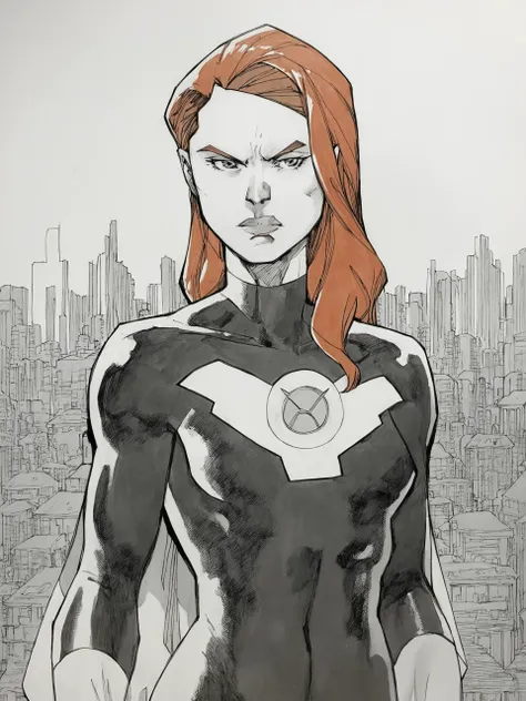 score_9, score_8_up, score_7_up, in j_lee artstyle, a_e, 1girl, ginger long hair, green eyes, lipsw solo, superhero suit, standing, greyscale, monochrome, upper body, city background, pen and ink, inks (medium), high contrast, traditional media, <lora:Jim_Lee_Style_LoRA_Pony:1>, <lora:Atomic_EvaV2:0.78>