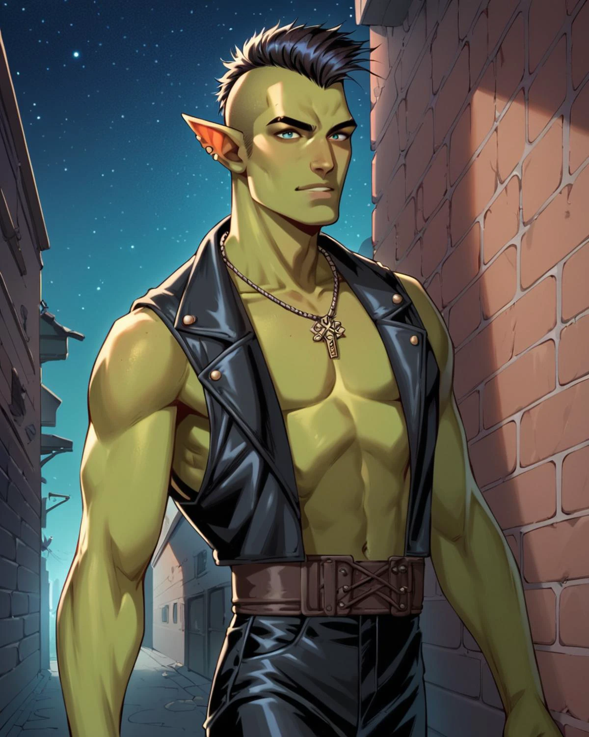 score_9, score_8_up, score_7_up, intricately detailed, fantasy setting,
<lora:j_lee_xmen-06:1>,
1boy(goblin rogue:2, green skin, black mohawk, handsome, slender, bare chest, open vest, piercings, simple leather necklace with simple arrowhead pendant, looking at the viewer, friendly expression, walking along a narrow alley in a medieval fantasy city, solo, face focus, portrait closeup), night, moonlit, starry sky, partial side view,
<lora:xl_more_art-full_v1:0.4>,
<lora:add-detail-xl:0.4>