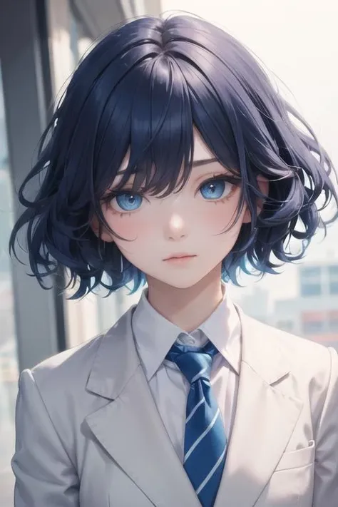 1girl,short hair, curly hair, suit,blue hair, blue eyes, drooping eyes,boyish