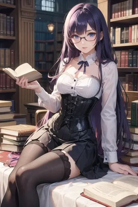 1girl,magical girl, holding book, blue eyes, purple hair,long hair, black corset, lace skirt, black legwear, library, glasses,realistic,