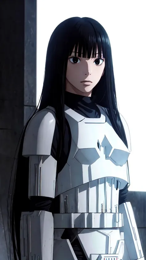 masterpiece, best quality,
 <lora:SawakoV1:0.8> sawako, black hair, long hair, blunt bangs, black eyes, hime cut,
 <lora:CONCEPT-StormTrooper:1> STORMTROOPER, ARMOR