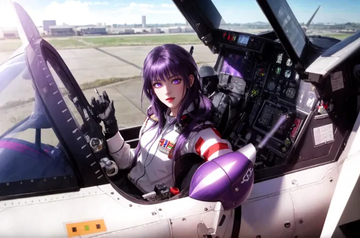 masterpiece, best quality,
 <lora:MedeaSolonLora:0.6> medea solon, purple eyes, purple hair
1girl,solo,
fighter pilot, 
inside cockpit, fighter plane, helmet,